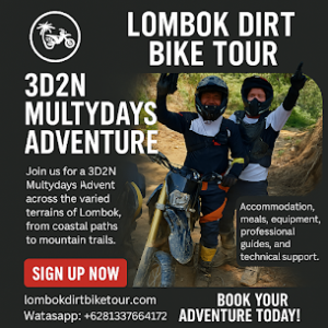 Two riders posing with their dirt bikes on a rugged trail, promoting the 3D2N Lombok Dirt Bike Tour adventure.